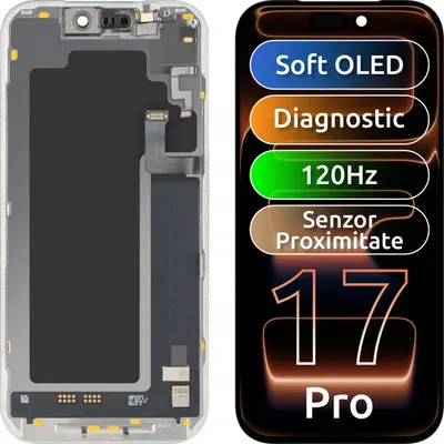 Display cu Touchscreen si Senzor Proximitate MP compatibil cu Apple iPhone 17 Pro, cu Rama, Versiune Soft OLED FHD 120Hz Diagnostic, Negru