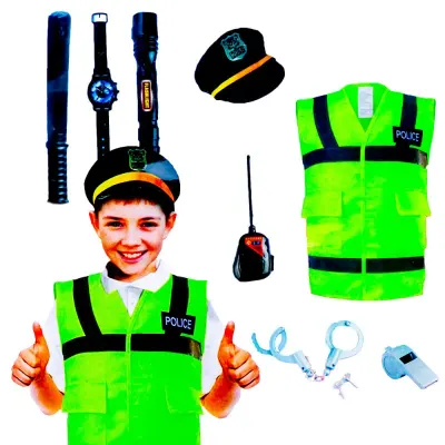 Costum de politist pentru copii, vesta cu benzi reflectorizante, cascheta, baston, catuse, accesorii, 5 ani+