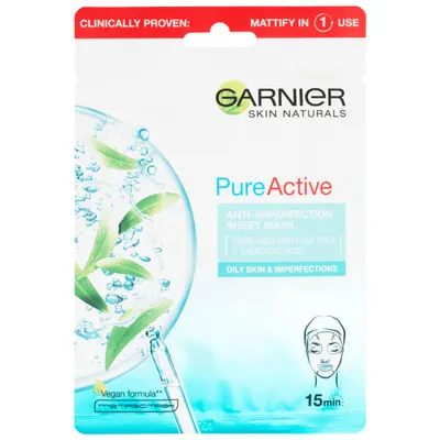 Masca servetel anti-imperfectiuni si hidratare Skin Naturals Pure Active, 23g, Garnier