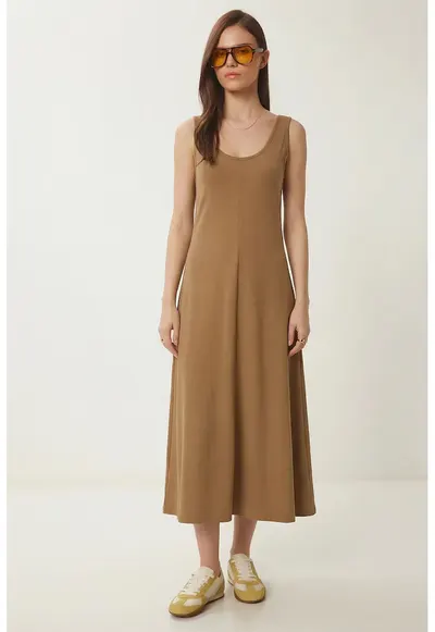 Rochie Midi - Happiness Istanbul - guler in U - bumbac - maro