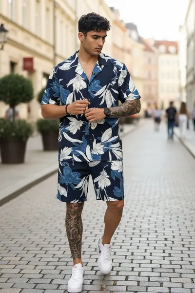 Compleu de vara cu imprimeu camasa + pantaloni 987 28-3.3