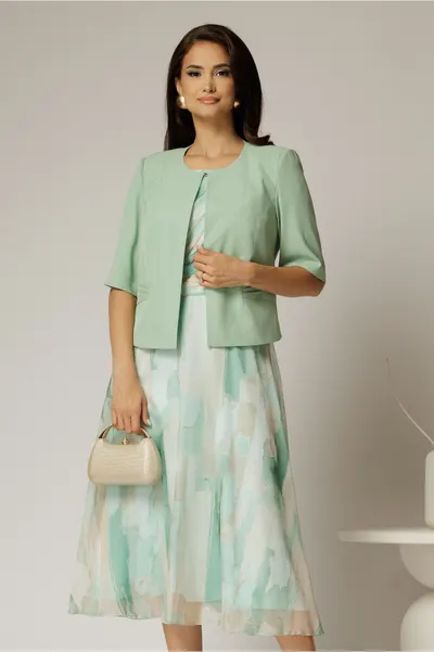Compleu dama verde menta din sacou si rochie cu imprimeuri
