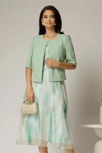 Compleu dama verde menta din sacou si rochie cu imprimeuri