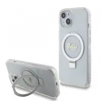 Husa MagSafe pentru Apple iPhone 15, Guess, Ring Stand Script Glitter, Transparenta