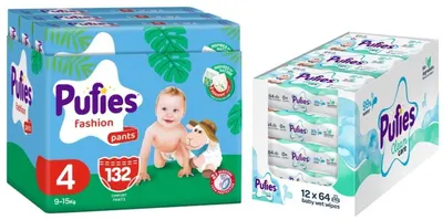 Scutece chiloței Pufies Fashion - Mărimea 4, 9-15 kg, 132 buc + șervețele umede Pufies Clean Care, 12 х 64 buc