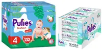 Scutece chiloței Pufies Fashion - Mărimea 4, 9-15 kg, 132 buc + șervețele umede Pufies Clean Care, 12 х 64 buc