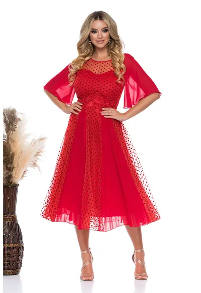 Rochie midi evazata cu maneci fluture - Rosu