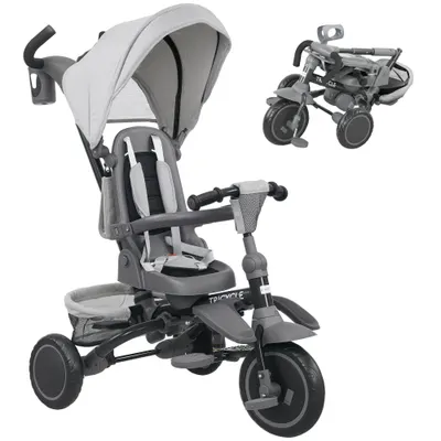 AIYAPLAY Triciclu bebeluș evolutiv 6 în 1, triciclu copil pliabil cu mânere pentru părinți reglabile, scaun pivotant 360°, gri | Aosom Romania