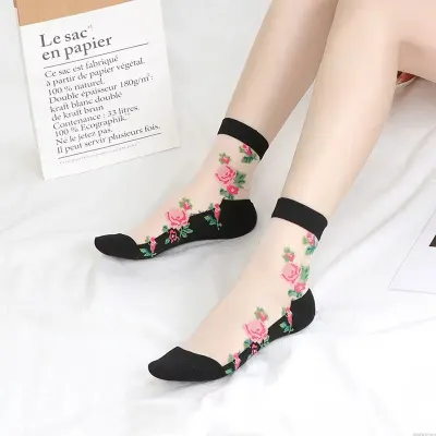 Sosete pentru dama, SS154, model flori, Alb/Negru, marime universala (35-39)