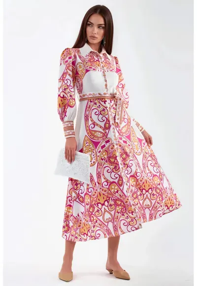 Rochie Maxi - cu imprimeu - maneca lunga - poliester/lycra - Alb/Roz