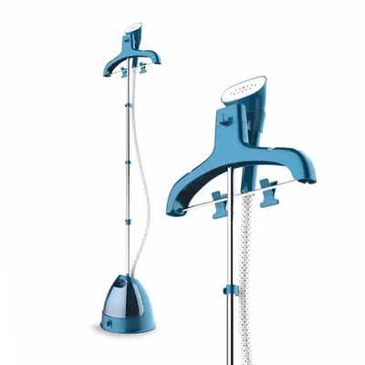 Aparat de calcat cu aburi vertical Daewoo, 1750 W, placa abur din inox, umeras inclus, suport telescopic, rezervor apa 2.5 L, Albastru