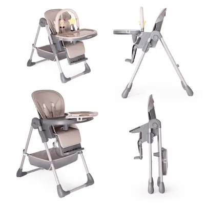 Scaun de masa pentru copii, Kidnort Jordgubbe Brown, multifunctional, cu roti, bara de jucarii, spatar reglabil, pozitie somn, reglabil pe inaltime pe 6 nivele, tavita cu suport pentru pahar, usor de pliat