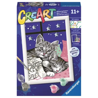 Pictura pe numere pentru copii Ravensburger CreArt pisicute somnoroase cu pietre sclipitoare