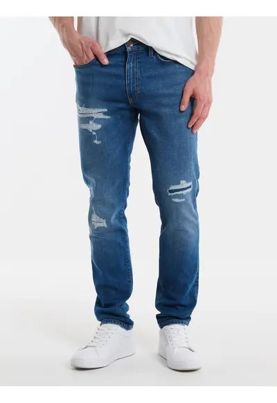 Blugi barbati Terry Carrot 419 - conici - albastri - denim elastic - design cu 5 buzunare
