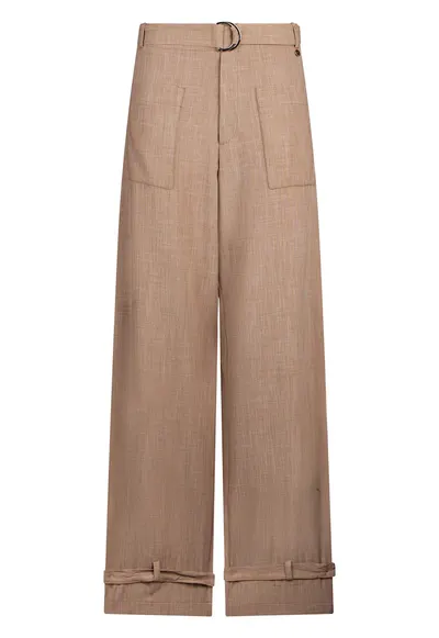 Pantaloni relaxed fit cu terminatii cu funde la glezna - Maro camel