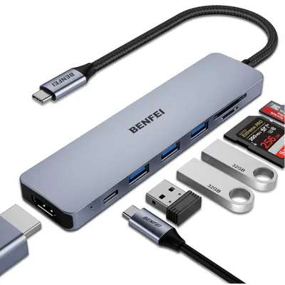 Hub USB-C Benfei, 3 x USB-A 3.0 - 1 x USB-C - 1 x HDMI - 1 x SD - 1 x microSD, Gri