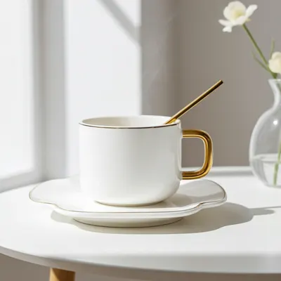 Cană pentru cappuccino și ceai Morello - Trifoi alb, cu farfurioară și linguriță, 200 ml