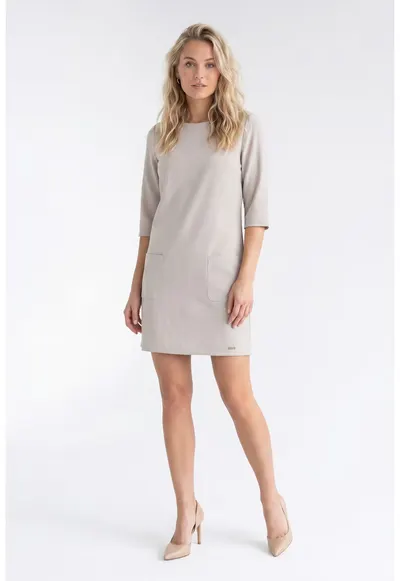 Rochie eleganta midi - cu decolteu rotund - maneca 3/4 - croiala dreapta - cu fermoar si buzunare - M1350 - Bej
