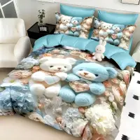 Lenjerie pat dublu, FINET, Imprimeu Digital 5D - Identic cu poza, Cu ELASTIC, 6 piese, Crem, Bleu, ursuleti