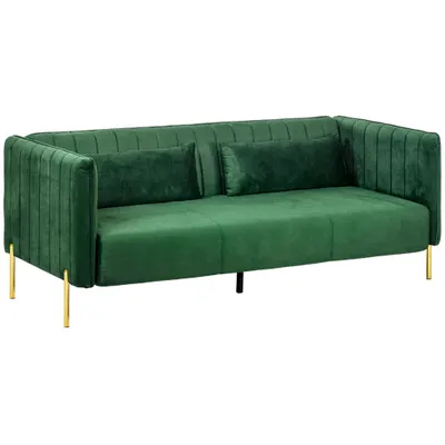 HOMCOM Canapea 3 Locuri Economie de Spatiu cu Perne Capitonate, Canapea Moderna cu Picioare din Otel si Tesatura din Catifea, 195x88x76 cm, Verde