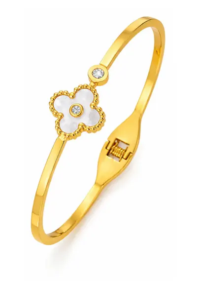 Bratara aurie - tip bangle - din otel inoxidabil - suflata cu aur 18k - cu zirconii si trifoi - Avenelle C7