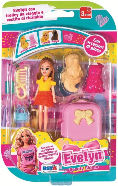 Păpușă mică RS Toys Evelyn Beauty Bloom - Cu valiză roz și accesorii