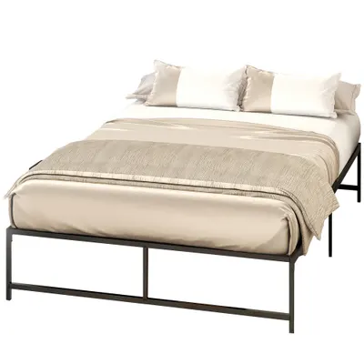 HOMCOM Cadru de pat dublu 140 x 190 cm, pat dublu 2 persoane din otel, inaltime 31 cm cu depozitare, somiera cu lamele, negru | Aosom Romania