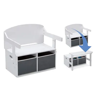 Bancuta transformabila 3in1 din lemn Ginger Home AlbGri cu spatiu depozitare,spatar inalt,colturi si margini rotunjite,manere transport,2 cutii din material textil incluse