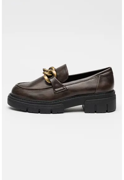Pantofi loafer de piele ecologica - Auriu/Maro cafeniu