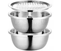 Set boluri bucătărie Kamille 4 în 1, inox, bol + strecurătoare + răzătoare + recipient, multifunctional, argintiu Engros