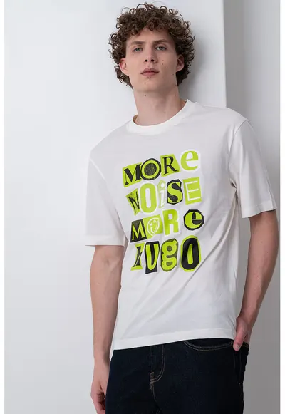 Tricou de bumbac cu text - Negru stins/Alb murdar/Verde lime