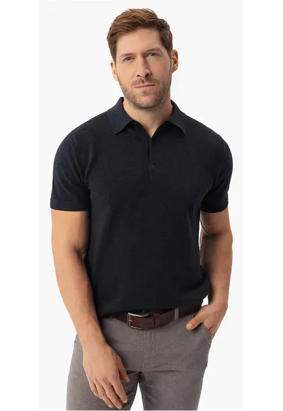 Tricou polo barbati din bumbac - tricotat - O-Lizar - albastru marin melange - Bleumarin