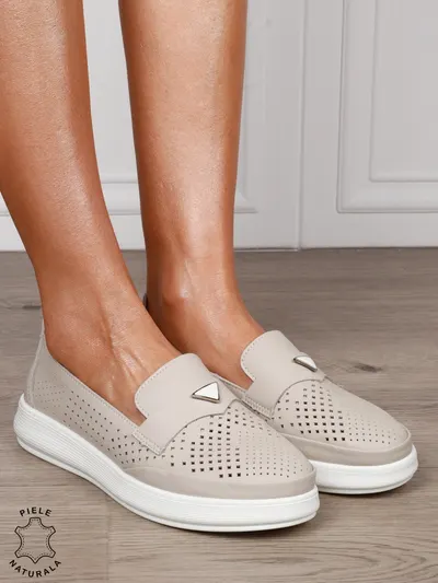 Mocasini Damă din Piele Naturală Perforata cu Accesoriu Metalic CRL1301 GRI