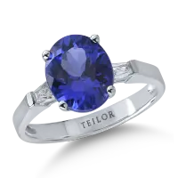 Inel din aur alb cu tanzanit oval de 2.8ct si diamante baguette de 0.1ct