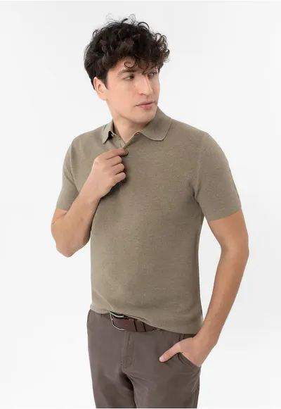 Tricou polo barbati din bumbac - tricotat - O-Lizar - bej melange - Bej melange