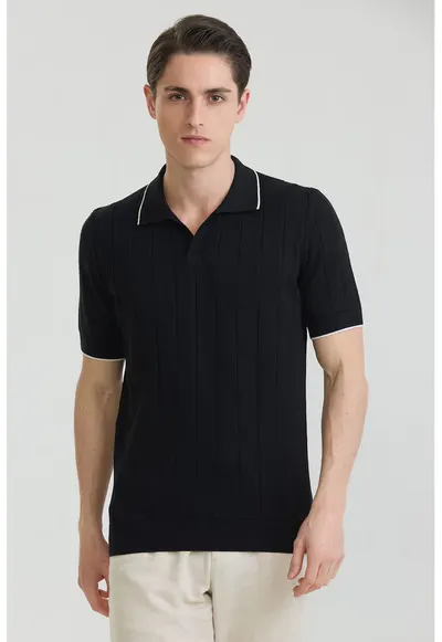 Tricou polo din bumbac cu striatii - Negru