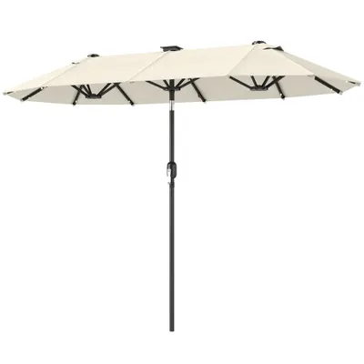 Outsunny Umbrelă dublă, umbrelă terasă, înclinabilă, cu panou solar, 35 LED-uri, cadru din oțel, bej, 2,92 x 1,50 x 2,18 m | Aosom Romania