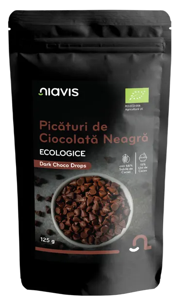 Picaturi de ciocolata neagra ecologice, 125g, Niavis