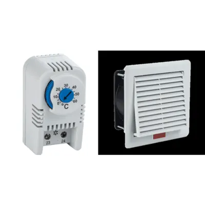 Pachet Termostat Mecanic 0-60°C si Ventilator cu Filtru 210x210mm 125m3/h pentru Tablou Electric