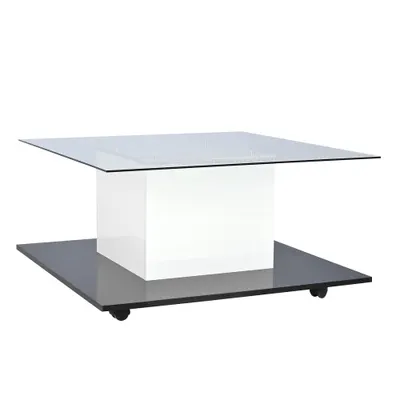 Măsuță de cafea modernă din sticlă lucioasă cu bandă LED reglabilă și roți pivotante, 80×80×40 cm, Alb+Negru