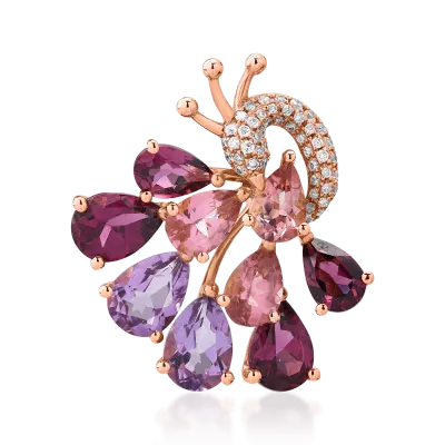 Pandantiv paun din aur roz cu pietre pretioase si semipretioase de 5.67ct