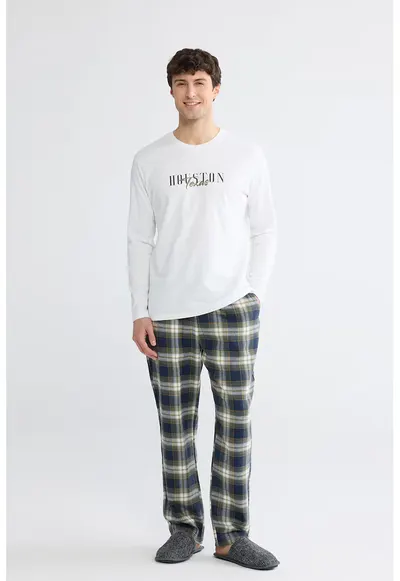 Pijama lunga cu model - Alb optic/Verde sparanghel/Bleumarin