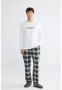 Pijama lunga cu model - Alb optic/Verde sparanghel/Bleumarin