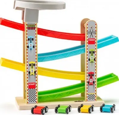 Pista din lemn Woody - Cu patru masini si platforma