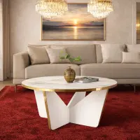 Masuta de cafea rotunda, blat tip marmura, cadru metalic auriu, design modern premium – 75x75x35 cm