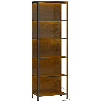 HOMCOM Bibliotecă cu 5 Rafturi, Verticală cu Iluminare LED în 7 Culori, Economisire Spațiu pentru Living, Dormitor și Birou, 60x30x179 cm, Negru | Aosom Romania