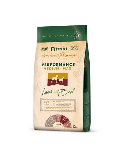 FITMIN Dog Nutritional Programme Medium Maxi Performance Lamb&Beef 12 kg Hrana pentru caini adulti de talie medie si mare cu un nivel de activitate foarte ridicat
