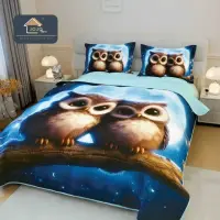 Cuvertura Matlasata, Bumbac Finet, cu Imprimeu 5D, 220x240cm + 2 fete de perna 50x70cm, Bleu, Bufnite