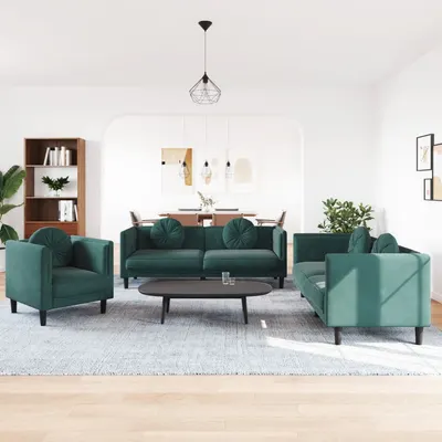 Gossi set canapea cu perne, 3 piese, verde inchis, catifea