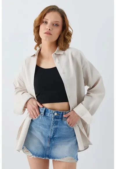 Camasa dama - poplin oversize - culoare naturala - material textil